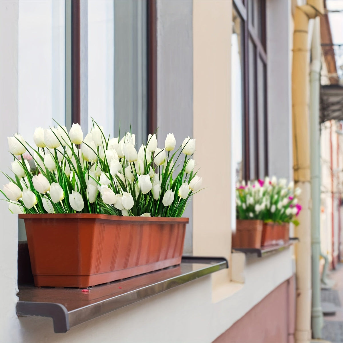 Tulipanes artificiales con resistencia a los rayos UV de 16" x 7" para jardín, balcón y terraza - Naranja