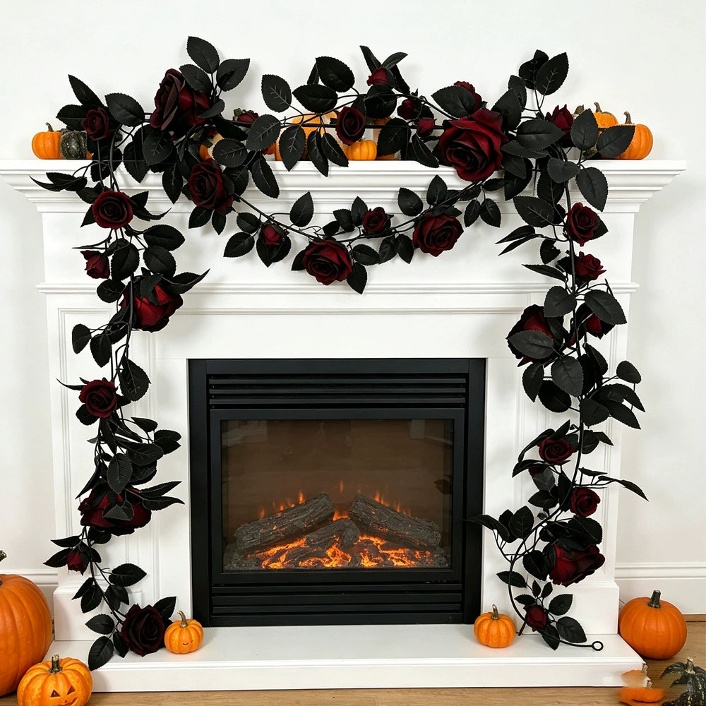 Guirnalda de Rosas Negras Artificiales, 200 cm, Enredadera Floral Realista para Decoración de Halloween, Gótica, Puertas y Eventos