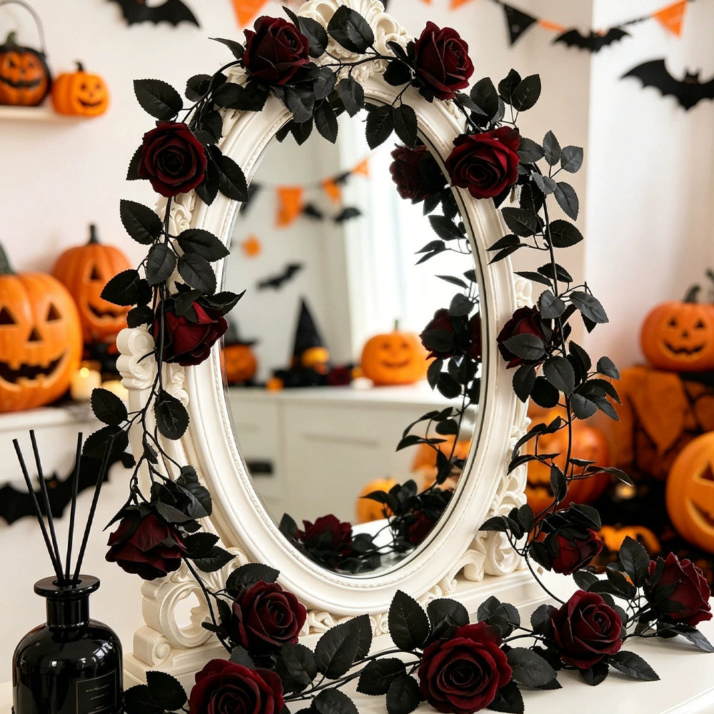 Guirnalda de Rosas Negras Artificiales, 200 cm, Enredadera Floral Realista para Decoración de Halloween, Gótica, Puertas y Eventos