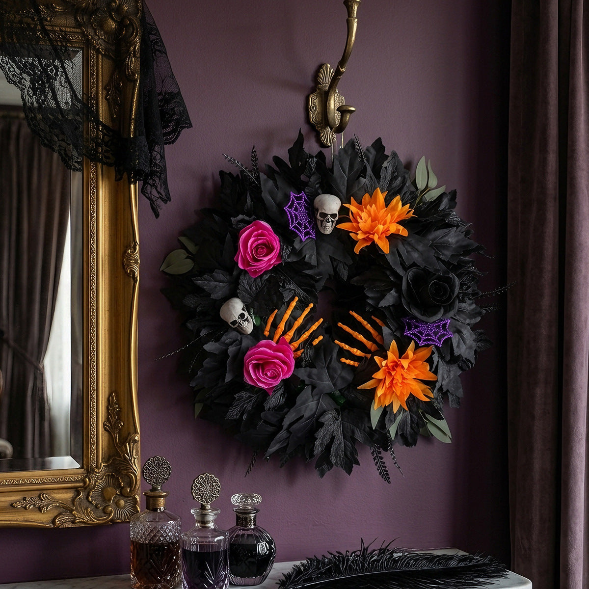 Corona de Flores de Halloween, Grande 50cm, Decoración Realista con Hojas Negras, Ideal para Puertas, Eventos y Decoración del Hogar