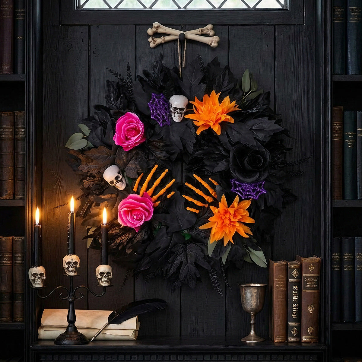 Corona de Flores de Halloween, Grande 50cm, Decoración Realista con Hojas Negras, Ideal para Puertas, Eventos y Decoración del Hogar