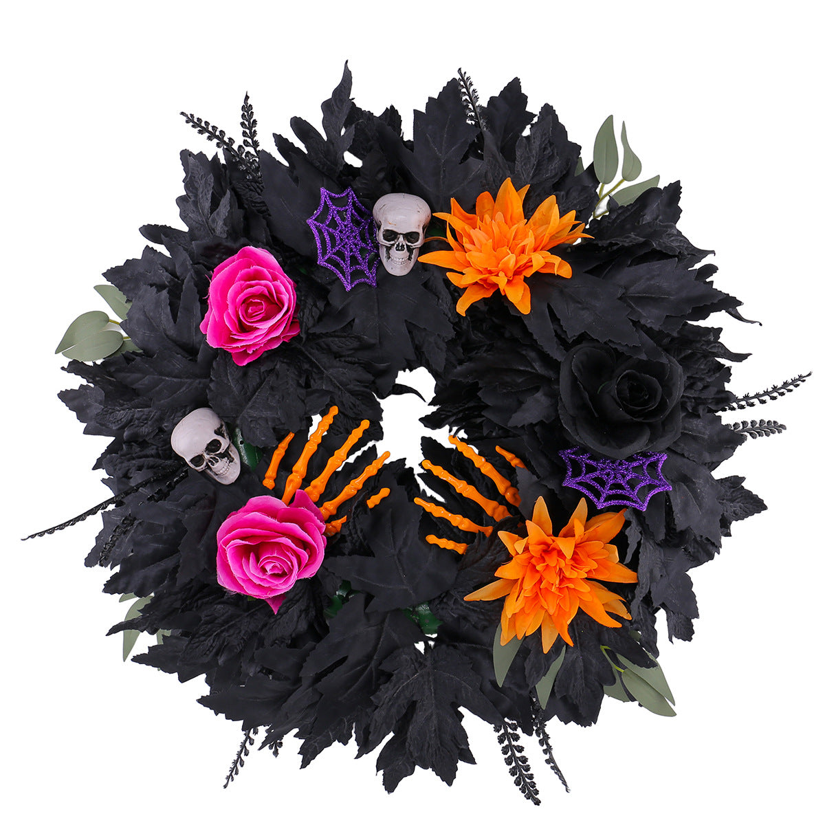 Corona de Flores de Halloween, Grande 50cm, Decoración Realista con Hojas Negras, Ideal para Puertas, Eventos y Decoración del Hogar