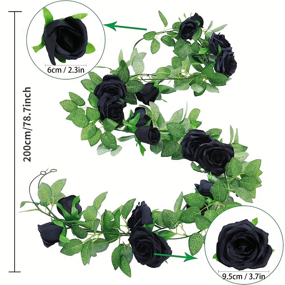 Rama de Rosas Negras Artificiales 200 cm, Realista y Elegante, Perfecta para Decoración de Bodas, Eventos, y Hogar