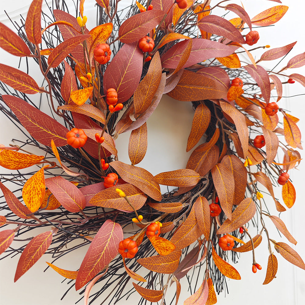 Corona de Otoño con Hojas de Arce y Calabaza, 43 cm, Decoración Realista para Puertas y Paredes, Ideal para Bodas y Hogar