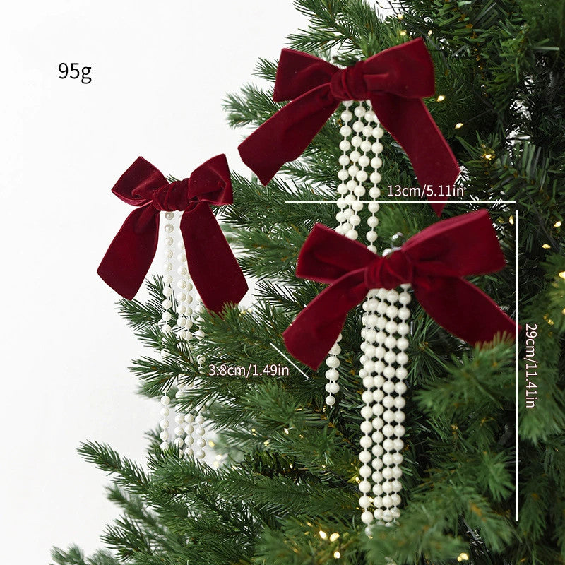 Adornos Navideños de Lazo Perlado, Conjunto de 3 Tamaños (Grande, Mediano, Pequeño), Decoración para Árbol de Navidad, Escaparates y Hogar, Colores Burdeos, Verde Oscuro y Marfil