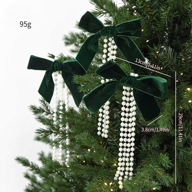 Adornos Navideños de Lazo Perlado, Conjunto de 3 Tamaños (Grande, Mediano, Pequeño), Decoración para Árbol de Navidad, Escaparates y Hogar, Colores Burdeos, Verde Oscuro y Marfil