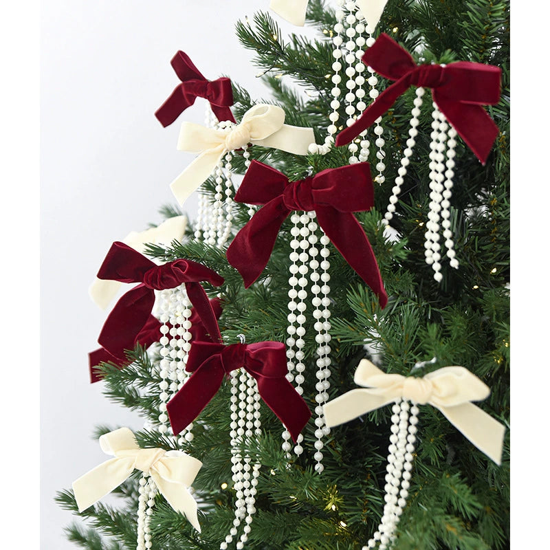 Adornos Navideños de Lazo Perlado, Conjunto de 3 Tamaños (Grande, Mediano, Pequeño), Decoración para Árbol de Navidad, Escaparates y Hogar, Colores Burdeos, Verde Oscuro y Marfil