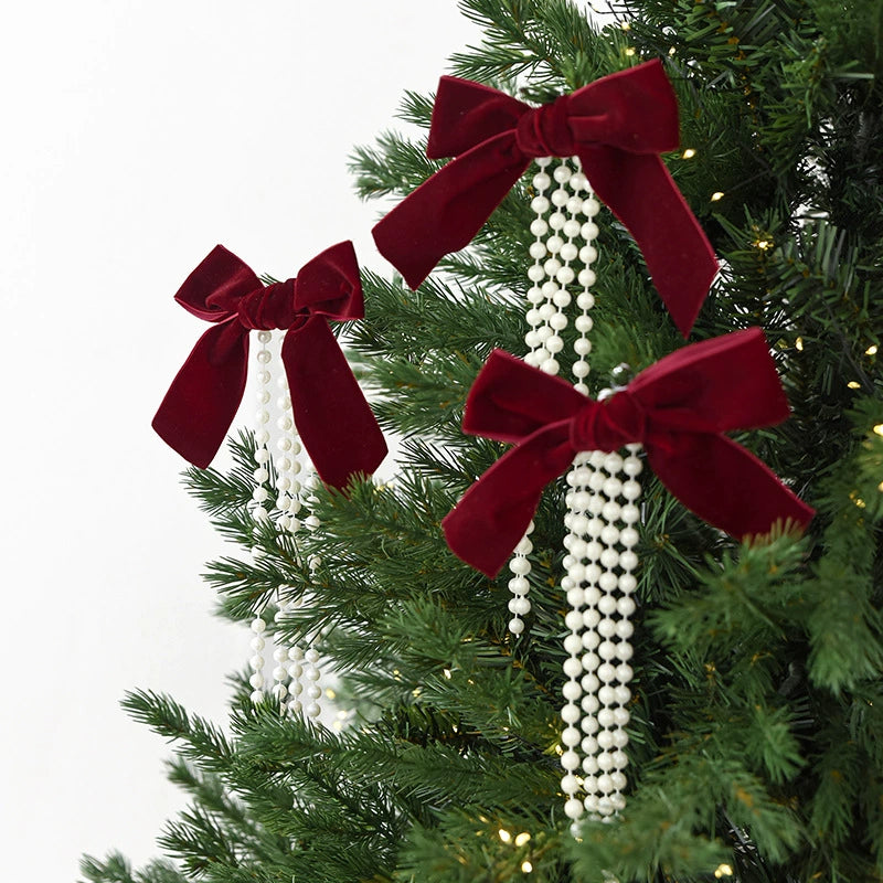 Adornos Navideños de Lazo Perlado, Conjunto de 3 Tamaños (Grande, Mediano, Pequeño), Decoración para Árbol de Navidad, Escaparates y Hogar, Colores Burdeos, Verde Oscuro y Marfil