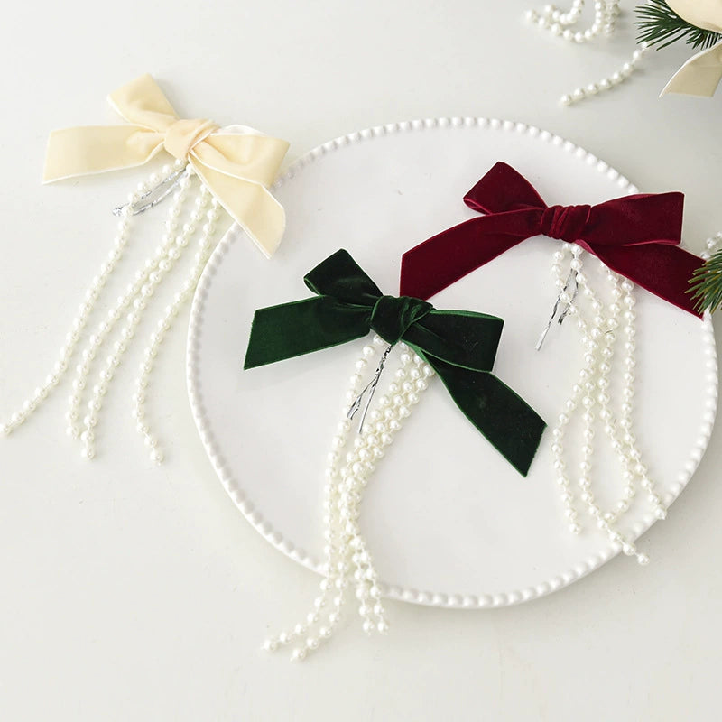 Adornos Navideños de Lazo Perlado, Conjunto de 3 Tamaños (Grande, Mediano, Pequeño), Decoración para Árbol de Navidad, Escaparates y Hogar, Colores Burdeos, Verde Oscuro y Marfil