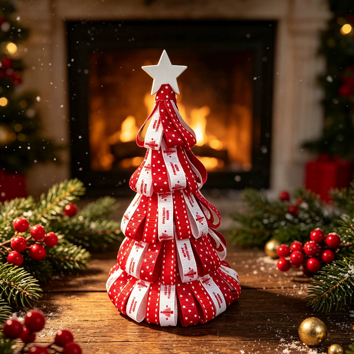 Árbol de Navidad decorativo en cinta, 18 cm, adorno de mesa o chimenea, decoración navideña realista para hogar, eventos y bodas