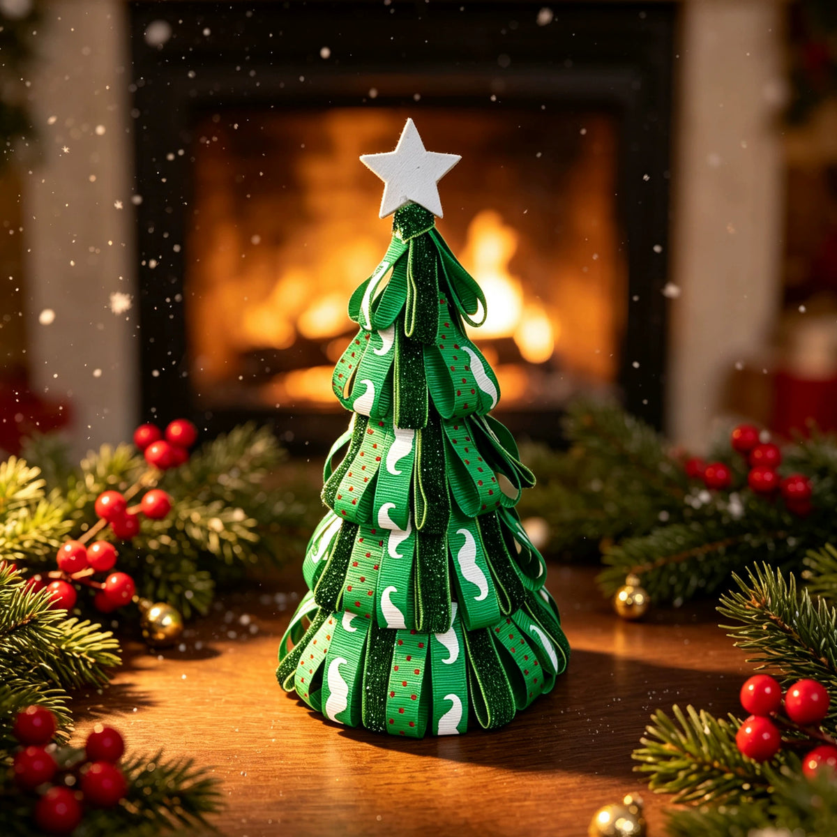 Árbol de Navidad decorativo en cinta, 18 cm, adorno de mesa o chimenea, decoración navideña realista para hogar, eventos y bodas