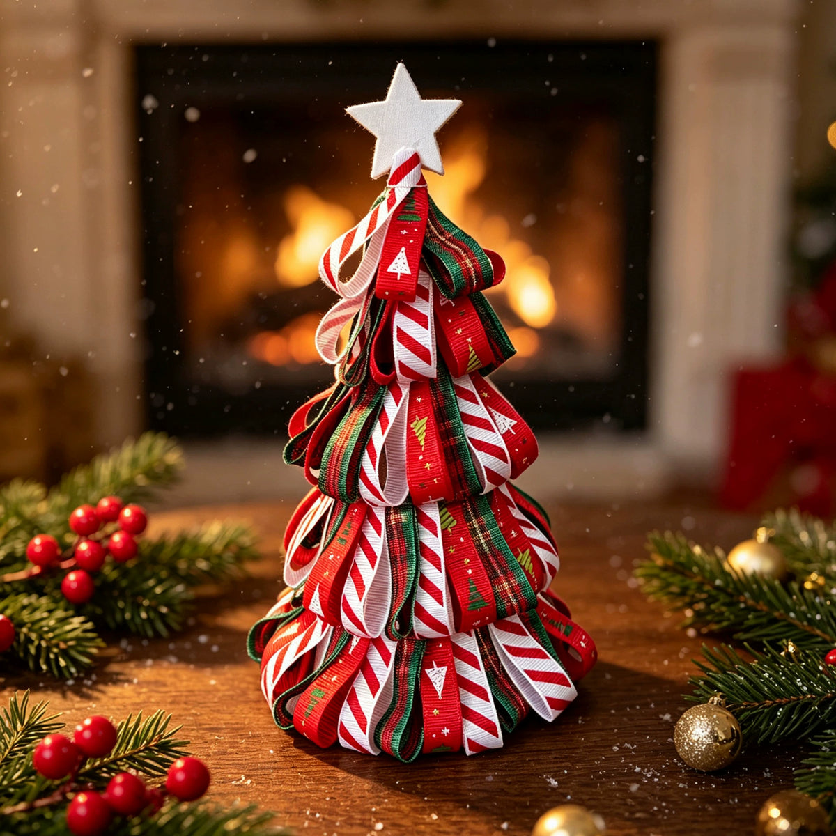 Árbol de Navidad decorativo en cinta, 18 cm, adorno de mesa o chimenea, decoración navideña realista para hogar, eventos y bodas