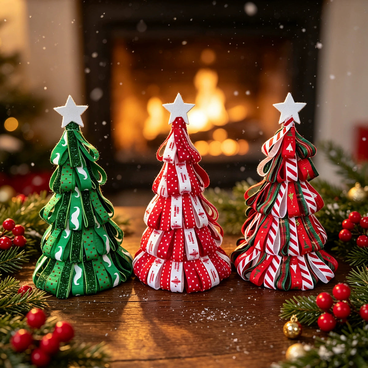 Árbol de Navidad decorativo en cinta, 18 cm, adorno de mesa o chimenea, decoración navideña realista para hogar, eventos y bodas
