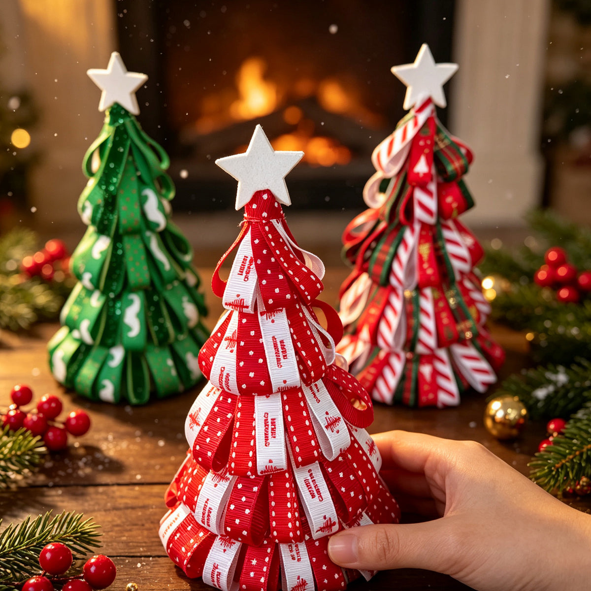 Árbol de Navidad decorativo en cinta, 18 cm, adorno de mesa o chimenea, decoración navideña realista para hogar, eventos y bodas