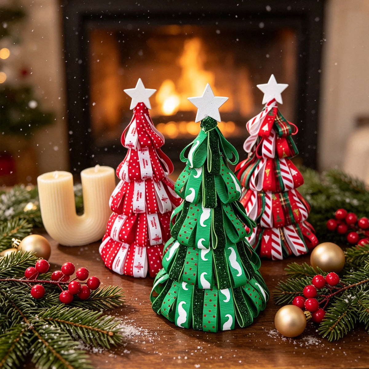 Árbol de Navidad decorativo en cinta, 18 cm, adorno de mesa o chimenea, decoración navideña realista para hogar, eventos y bodas