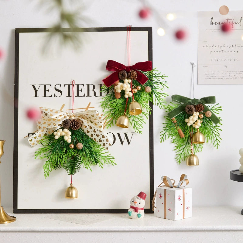 Adorno navideño colgante campana de Navidad con lazo, 13x16 cm, decoración realista para árbol, pared, puerta, regalo, 6 diseños