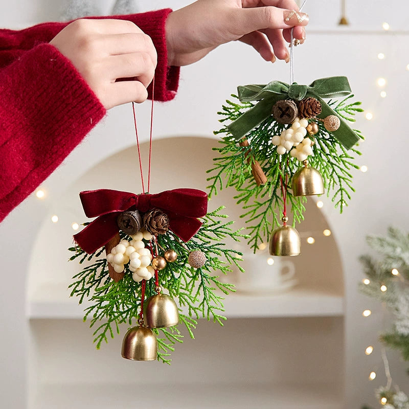 Adorno navideño colgante campana de Navidad con lazo, 13x16 cm, decoración realista para árbol, pared, puerta, regalo, 6 diseños