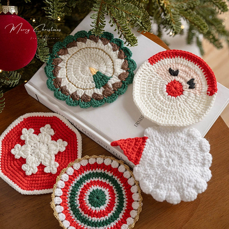 Posavasos navideño tejido a mano de lana, diámetro 11-13 cm, 6 diseños, decoración de mesa, regalo festivo, antideslizante y aislante