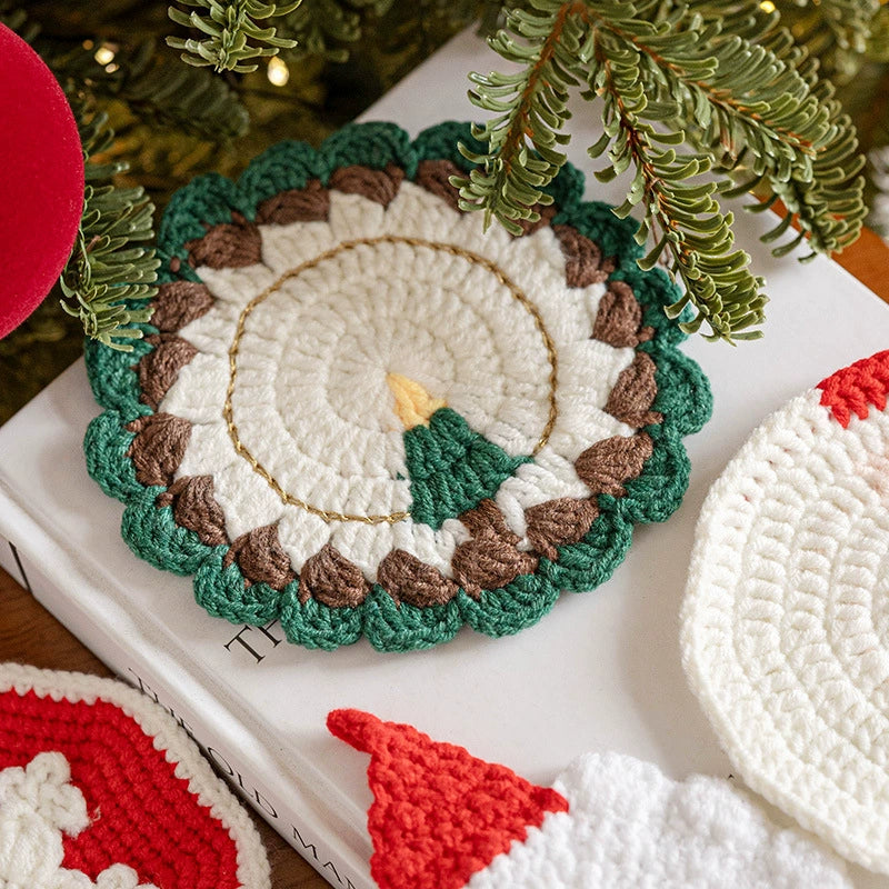 Posavasos navideño tejido a mano de lana, diámetro 11-13 cm, 6 diseños, decoración de mesa, regalo festivo, antideslizante y aislante