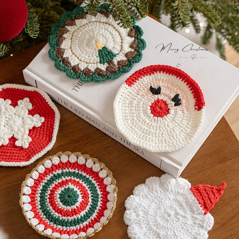 Posavasos navideño tejido a mano de lana, diámetro 11-13 cm, 6 diseños, decoración de mesa, regalo festivo, antideslizante y aislante