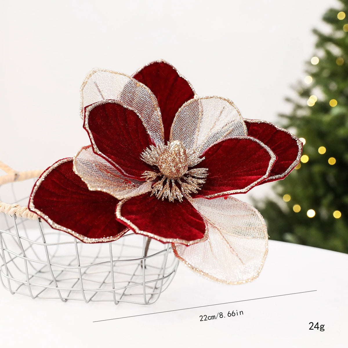 Flor artificial decorativa de 22 cm con brillo, colores vino, verde y blanco, ideal para Navidad, escaparates y decoración de interiores