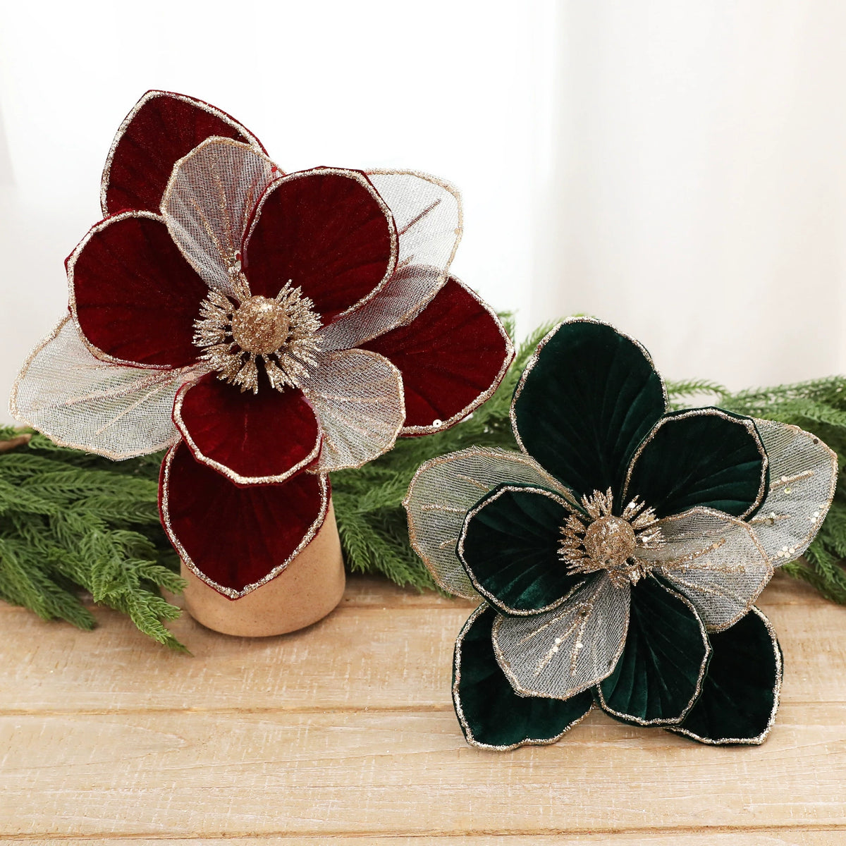 Flor artificial decorativa de 22 cm con brillo, colores vino, verde y blanco, ideal para Navidad, escaparates y decoración de interiores