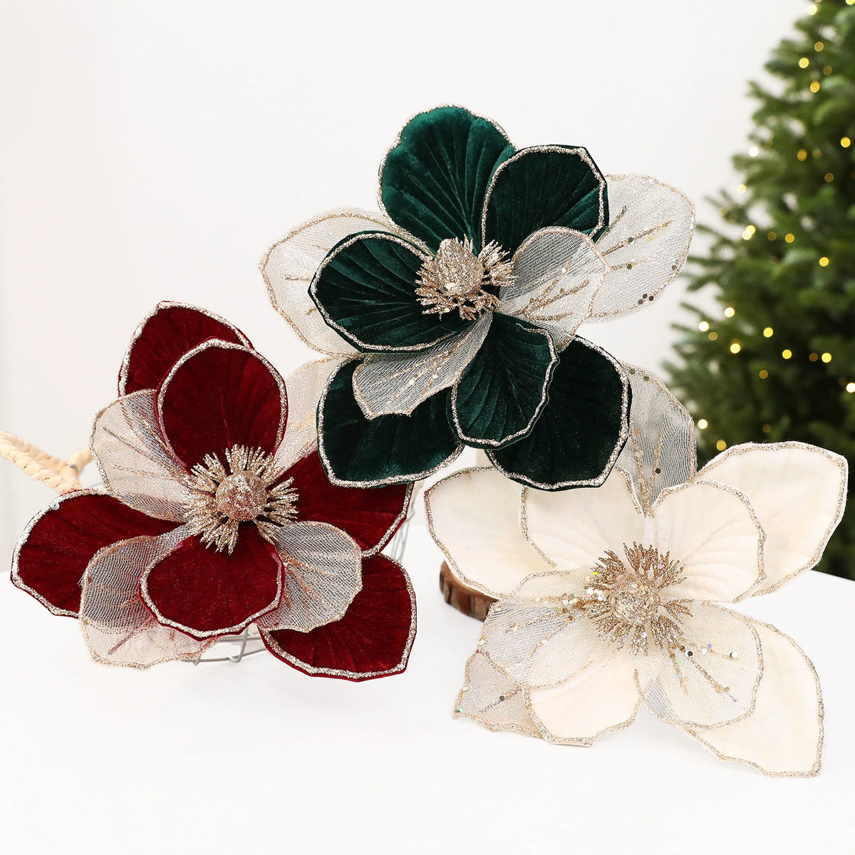 Flor artificial decorativa de 22 cm con brillo, colores vino, verde y blanco, ideal para Navidad, escaparates y decoración de interiores