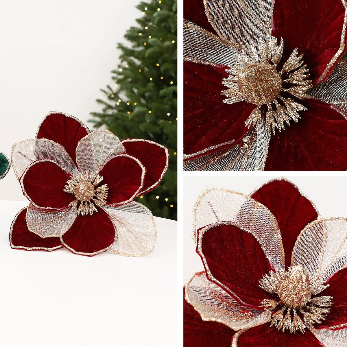Flor artificial decorativa de 22 cm con brillo, colores vino, verde y blanco, ideal para Navidad, escaparates y decoración de interiores