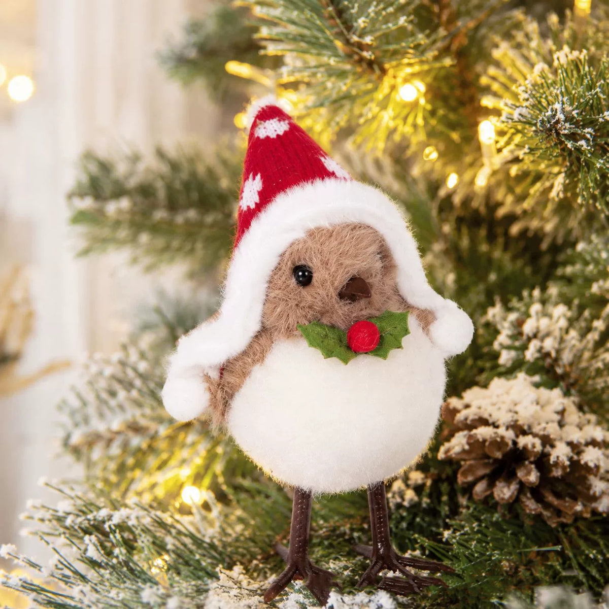 Adorno navideño de árbol pequeño con pájaro, 13 cm, decoración de espuma y felpa, colgante o centro de mesa, ideal para escaparates y regalos