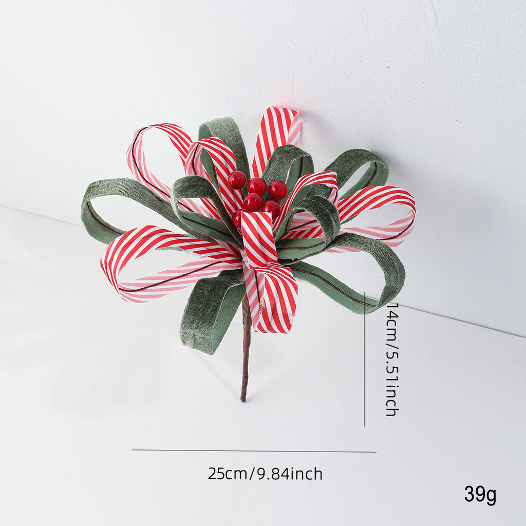 Adorno Navideño de Poinsettia Artificial con Cinta y Bayas Rojas - 25 cm - Decoración Festiva de Alta Gama para Hogar y Eventos