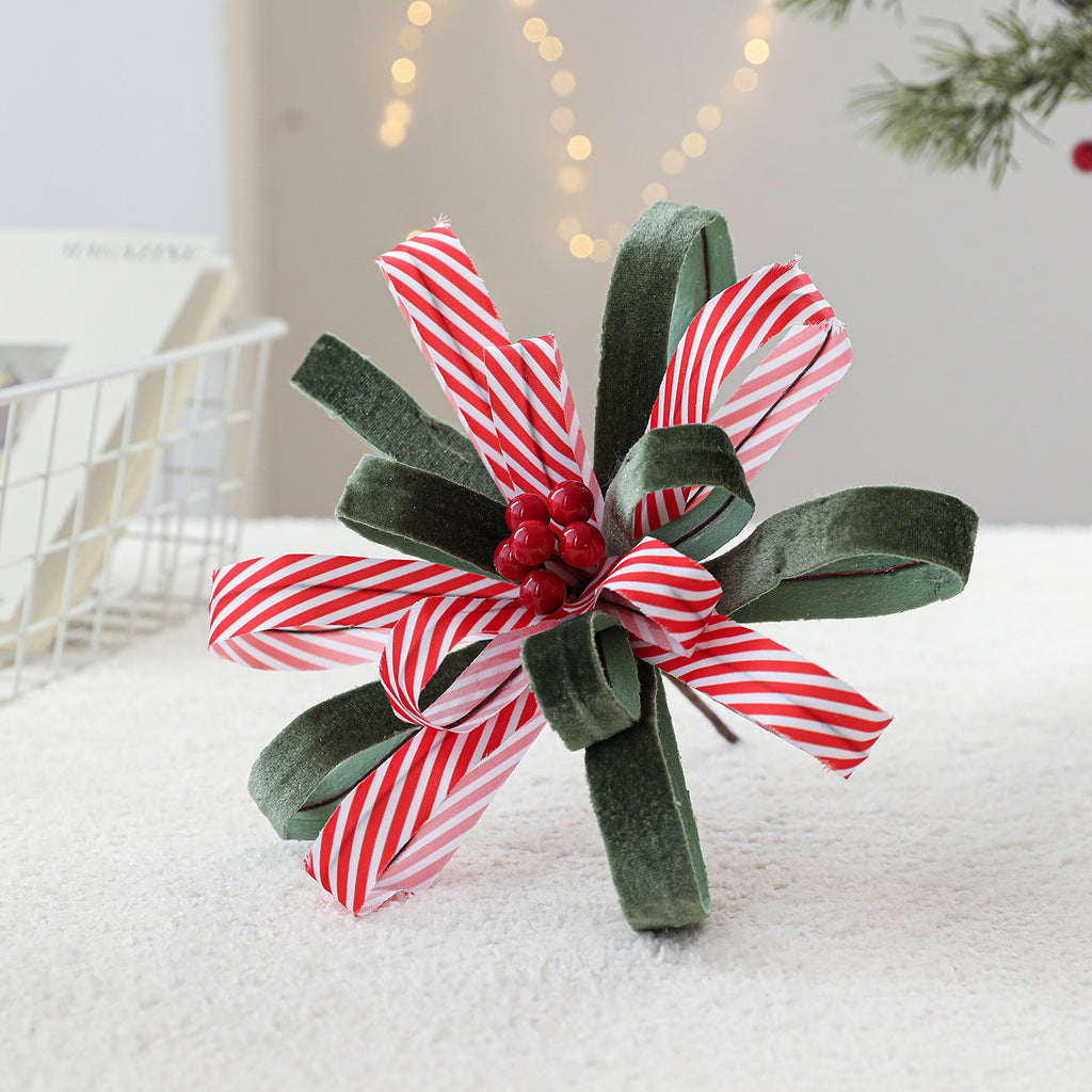 Adorno Navideño de Poinsettia Artificial con Cinta y Bayas Rojas - 25 cm - Decoración Festiva de Alta Gama para Hogar y Eventos
