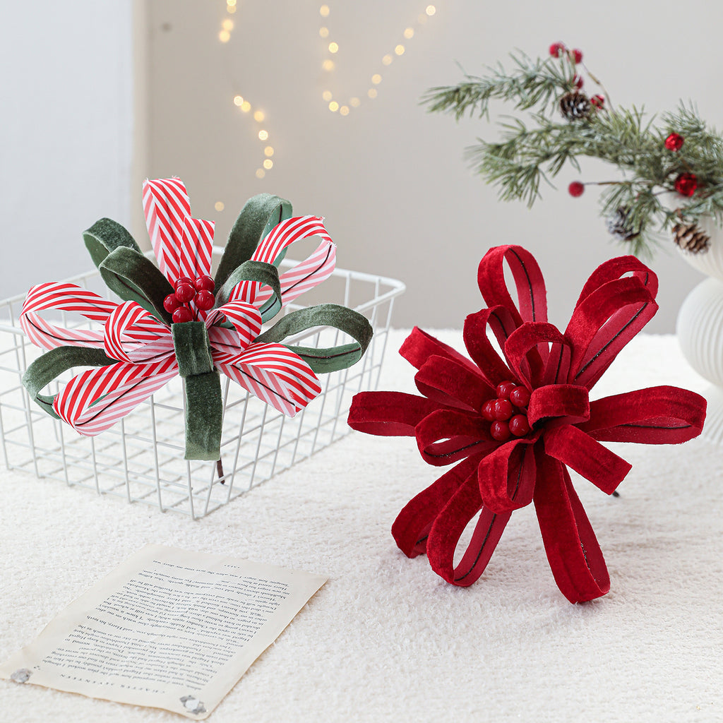 Adorno Navideño de Poinsettia Artificial con Cinta y Bayas Rojas - 25 cm - Decoración Festiva de Alta Gama para Hogar y Eventos
