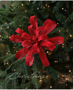 Adorno Navideño de Poinsettia Artificial con Cinta y Bayas Rojas - 25 cm - Decoración Festiva de Alta Gama para Hogar y Eventos
