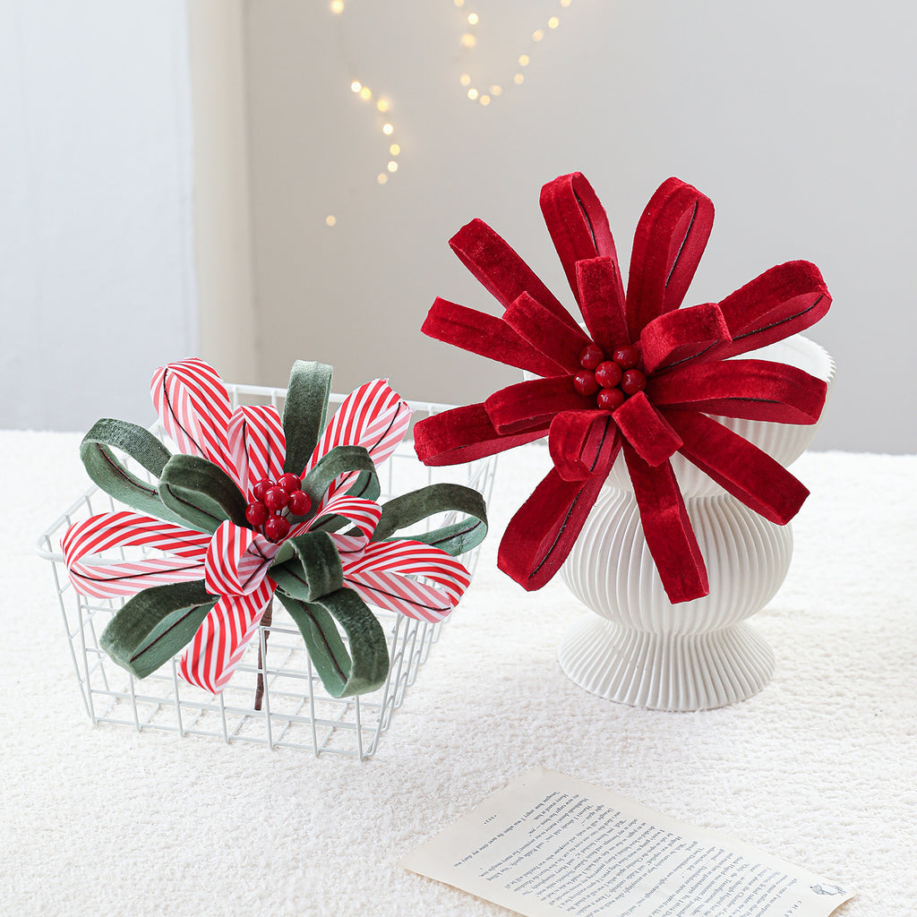 Adorno Navideño de Poinsettia Artificial con Cinta y Bayas Rojas - 25 cm - Decoración Festiva de Alta Gama para Hogar y Eventos
