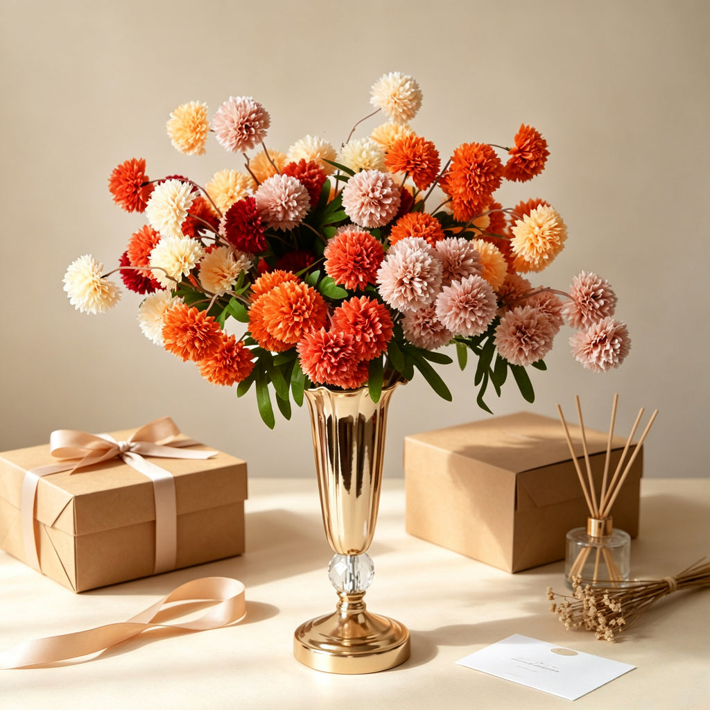 Ramo de Crisantemos Artificial en Seda - 52cm de Alto - 5 Flores por Arbusto - Decoración de Boda y Hogar - Sin Maceta