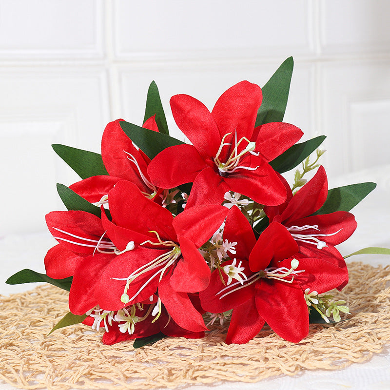 Lirios artificiales de seda, ramo de 7 flores, 35 cm, decoración elegante para bodas y hogar, sin maceta