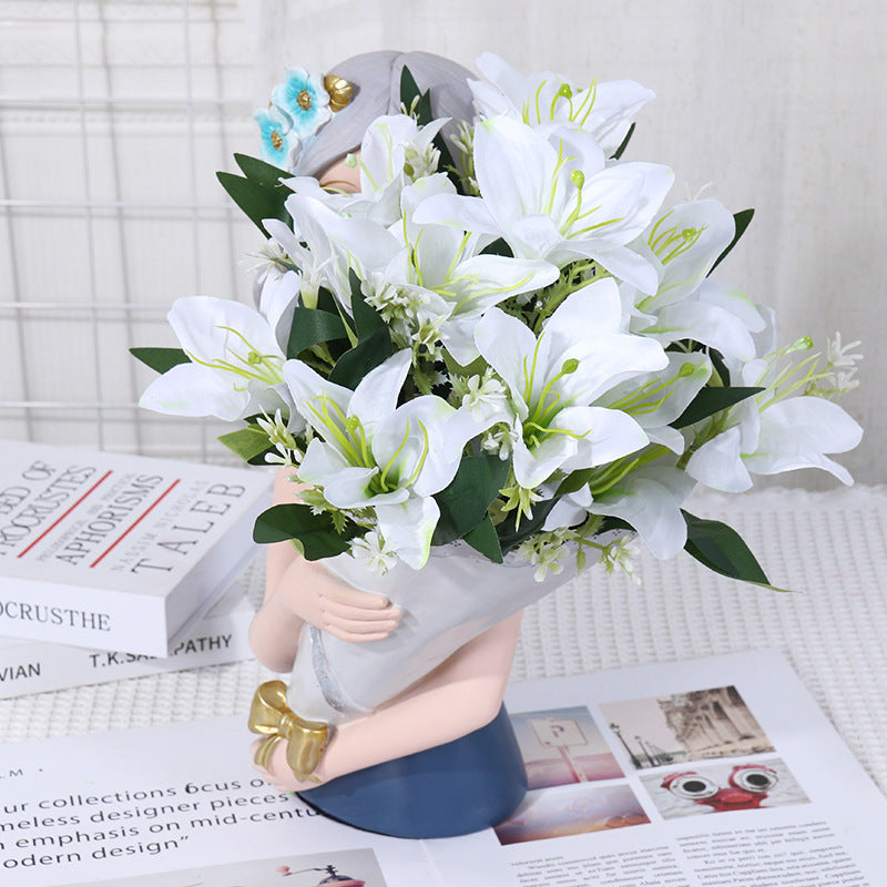 Lirios artificiales de seda, ramo de 7 flores, 35 cm, decoración elegante para bodas y hogar, sin maceta