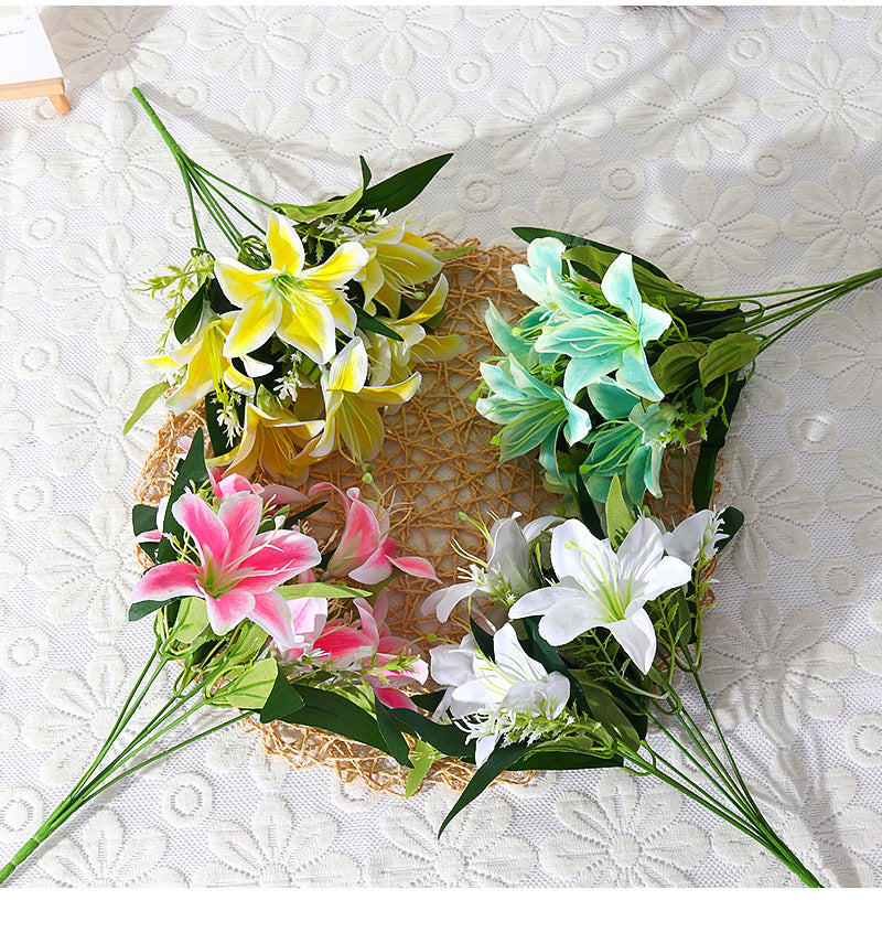 Lirios artificiales de seda, ramo de 7 flores, 35 cm, decoración elegante para bodas y hogar, sin maceta