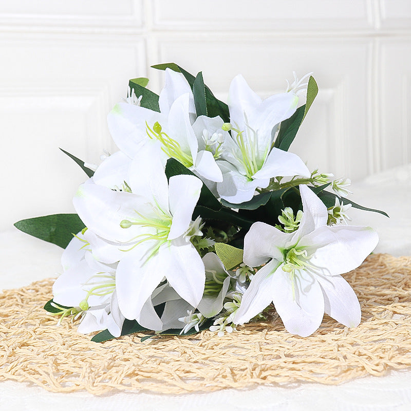 Lirios artificiales de seda, ramo de 7 flores, 35 cm, decoración elegante para bodas y hogar, sin maceta