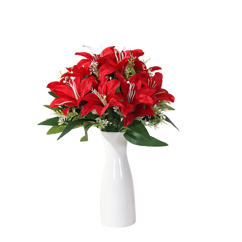 Lirios artificiales de seda, ramo de 7 flores, 35 cm, decoración elegante para bodas y hogar, sin maceta