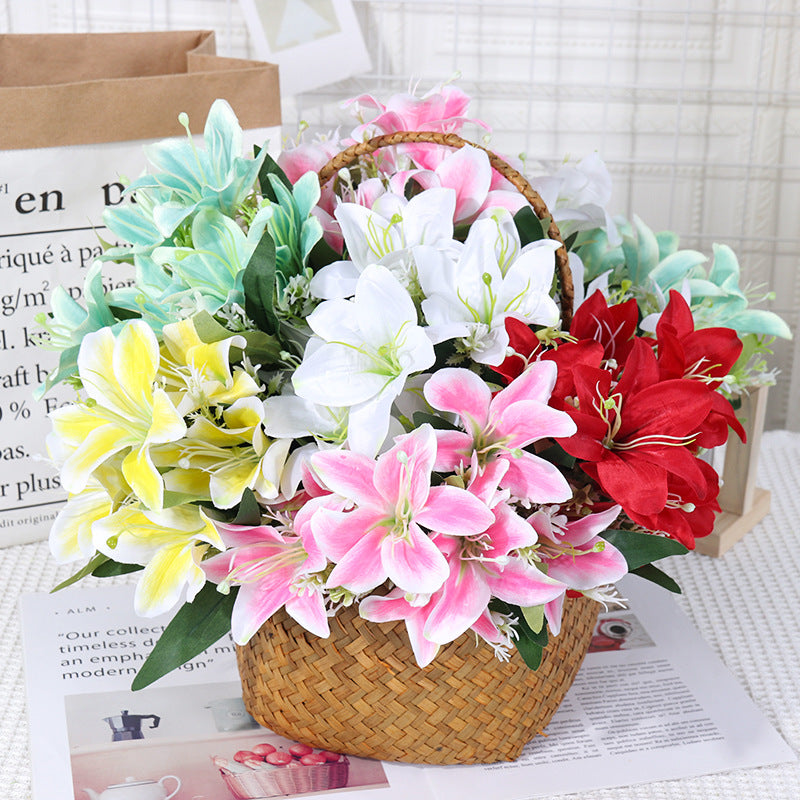 Lirios artificiales de seda, ramo de 7 flores, 35 cm, decoración elegante para bodas y hogar, sin maceta