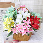 Lirios artificiales de seda, ramo de 7 flores, 35 cm, decoración elegante para bodas y hogar, sin maceta