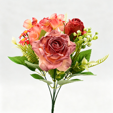 Ramo de rosas artificiales retro, 31 cm, seda, 8 flores (rosa, rosa de nieve, hortensia, margarita), decoración bodas y hogar