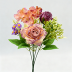 Ramo de rosas artificiales retro, 31 cm, seda, 8 flores (rosa, rosa de nieve, hortensia, margarita), decoración bodas y hogar
