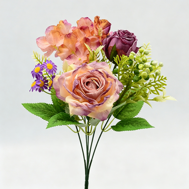 Ramo de rosas artificiales retro, 31 cm, seda, 8 flores (rosa, rosa de nieve, hortensia, margarita), decoración bodas y hogar