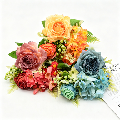 Ramo de rosas artificiales retro, 31 cm, seda, 8 flores (rosa, rosa de nieve, hortensia, margarita), decoración bodas y hogar