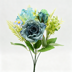 Ramo de rosas artificiales retro, 31 cm, seda, 8 flores (rosa, rosa de nieve, hortensia, margarita), decoración bodas y hogar