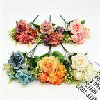 Ramo de rosas artificiales retro, 31 cm, seda, 8 flores (rosa, rosa de nieve, hortensia, margarita), decoración bodas y hogar