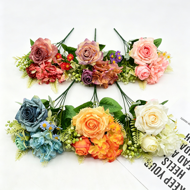 Ramo de rosas artificiales retro, 31 cm, seda, 8 flores (rosa, rosa de nieve, hortensia, margarita), decoración bodas y hogar
