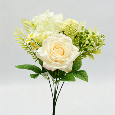 Ramo de rosas artificiales retro, 31 cm, seda, 8 flores (rosa, rosa de nieve, hortensia, margarita), decoración bodas y hogar